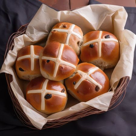 Hot cross buns with raisins in a wicker basketの素材