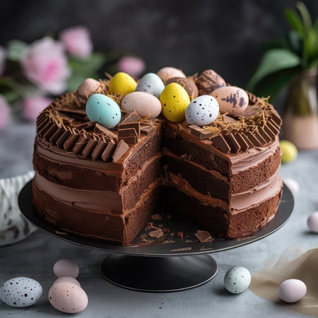 Chocolate cake with Easter eggs and tulips on a dark backgroundの素材