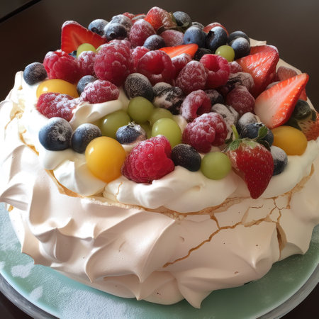 Meringue cake with whipped cream, fresh berries and fruits on topの素材