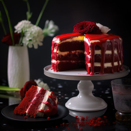Red velvet cake with red roses on a black background.の素材