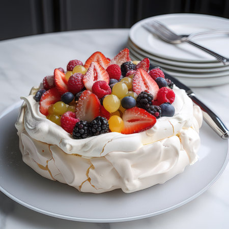 Meringue Pavlova cake with fresh berries on top.の素材