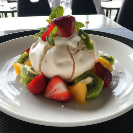 Meringue Pavlova with fresh fruits and whipped cream.の素材