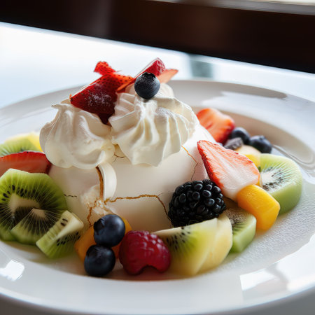 Meringue cake with fresh fruits on white plate, selective focusの素材