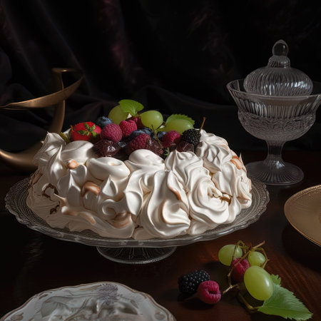 Meringue Pavlova with fresh berries on a dark backgroundの素材