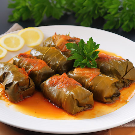 Stuffed Grape Leaves with Tomato Sauce and Lemon Slice on White Plateの素材