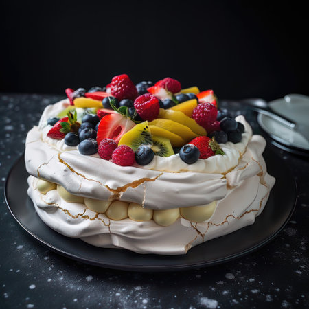 Meringue Pavlova cake with fresh berries and whipped creamの素材