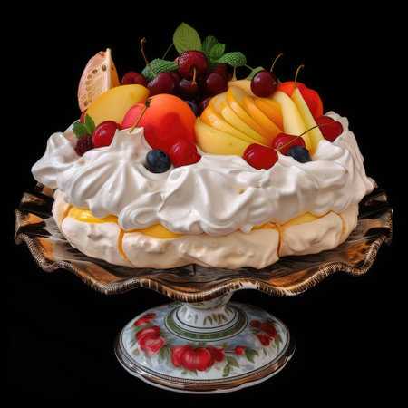 Pavlova cake with cream and fruit on a black backgroundの素材