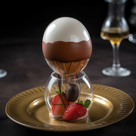 Chocolate pudding with strawberries in a glass vase on a dark backgroundの素材