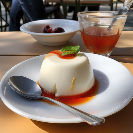 Delicious panna cotta with fresh berries on a black backgroundの素材