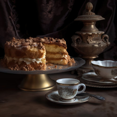 Coffee cake with whipped cream on wooden table. Selective focus.の素材