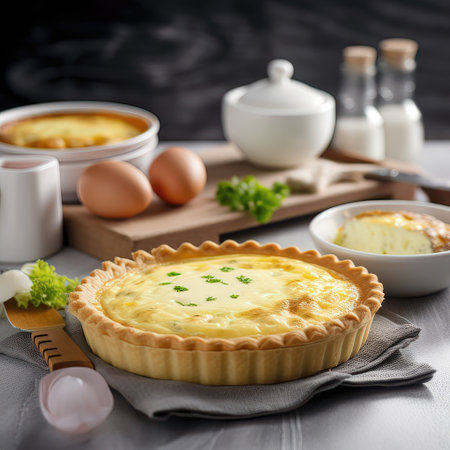 Tart with eggs and cheese on a dark background. Toned.の素材