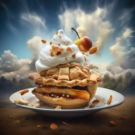 Piece of apple pie with whipped cream and caramel on white plateの素材