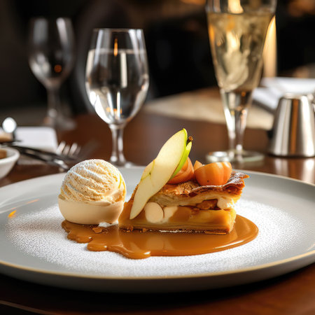 Delicious apple pie with ice cream and caramel sauce on white plateの素材