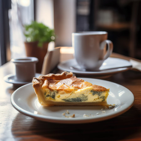 Cottage cheese tart and a cup of coffee on a wooden tableの素材