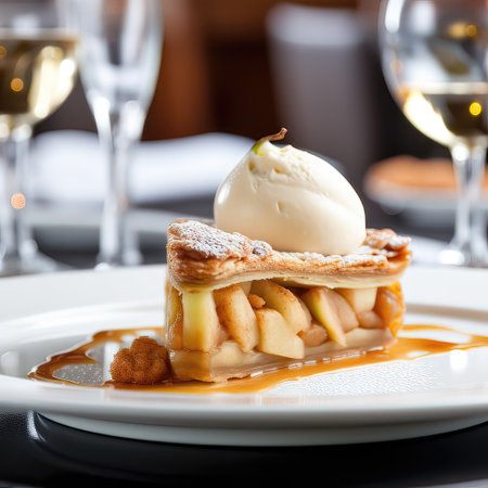 Apple strudel with ice cream and caramel sauce on white plateの素材