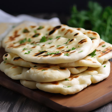 Indian naan bread on a white plate, selective focusの素材