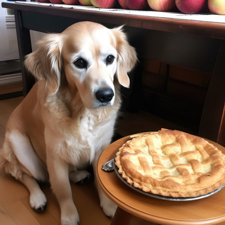 Golden Retriever and apple pie on a table in the kitchenの素材