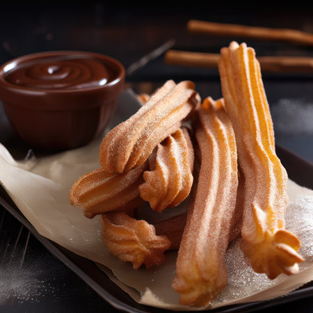 Churros with chocolate sauce on a black background. Selective focus.の素材
