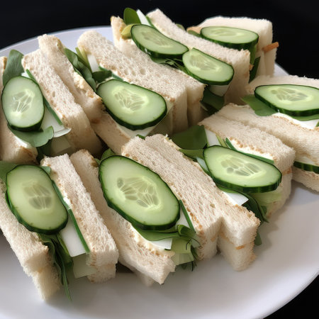 Sandwiches with cucumber and cheese on a white plate.の素材