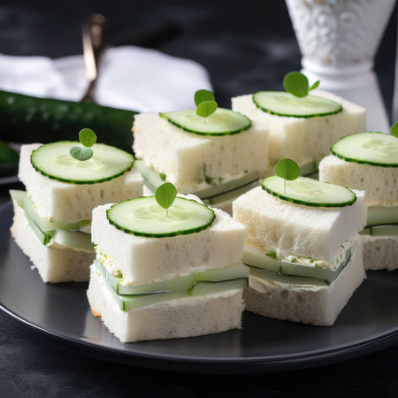 Cucumber sandwiches with cream cheese and fresh cucumber on black plate.の素材