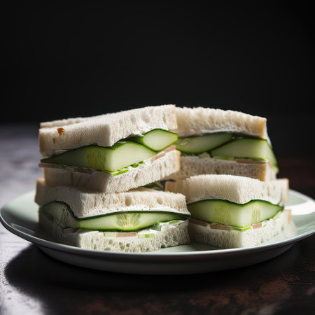 Cucumber sandwiches on white plate over dark background, selective focusの素材
