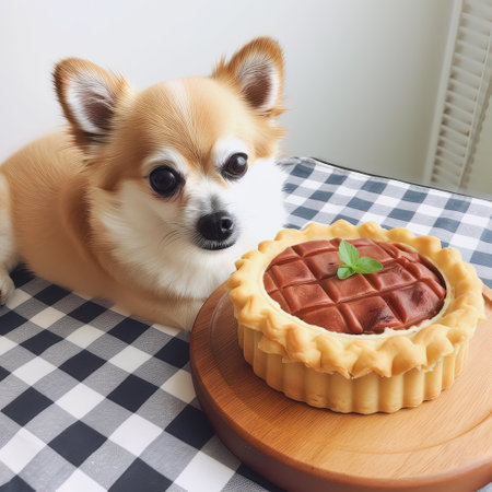 Chihuahua dog with meat tart on a wooden tray.の素材