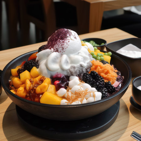 A bowl of ice cream with mixed fruit. Patbingsu South Korean dessert made of shaved ice and condensed milk and sweet azuki bean paste topped with fresh fruitの素材