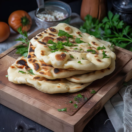 Indian naan bread on a white plate, selective focusの素材