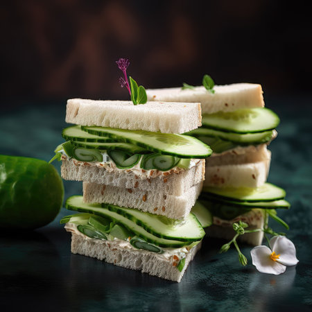 Sandwiches with cucumber and cream cheese on a dark backgroundの素材