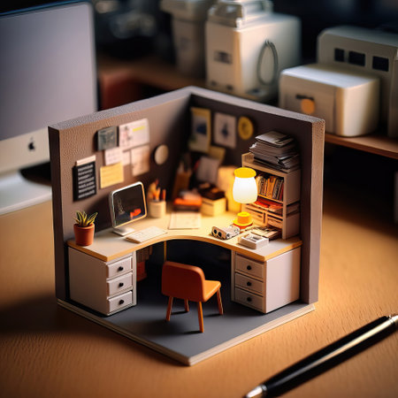 AI generated illustration of a miniature desk with a computer and books on itの素材