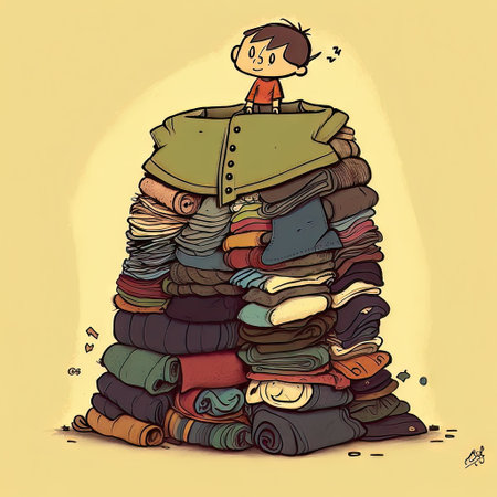 AI generative hand drawn illustration of a person and huge pile of clothesの素材