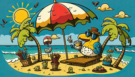 AI generative  illustration of a funny bird on the beach with an umbrella.の素材