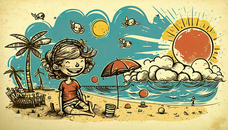 AI generative Child playing on the beach. Hand drawn illustration in sketch style.の素材