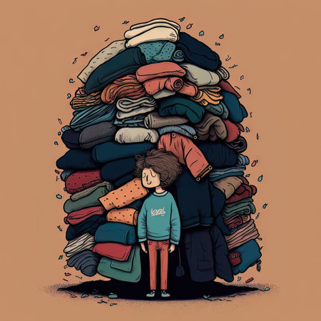 AI generative hand drawn illustration of a person and huge pile of clothesの素材