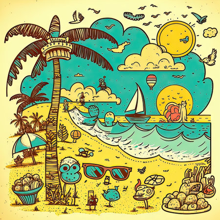 AI generative illustration of beach and summer vacation. Doodle style.の素材