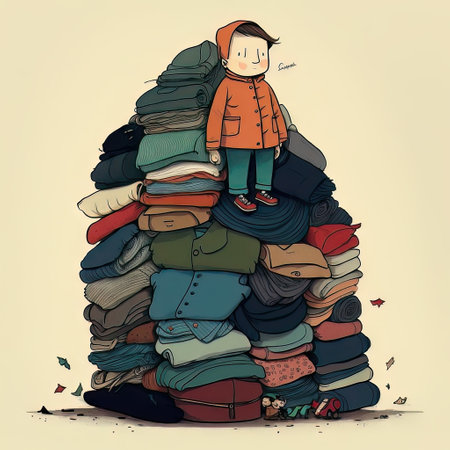 AI generative hand drawn illustration of a person and huge pile of clothesの素材