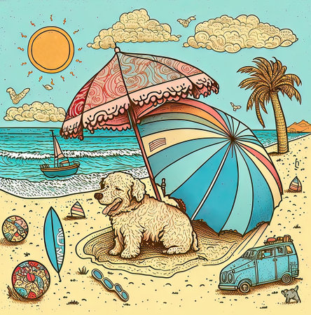 AI generative Beach with a dog and an umbrella. Hand drawn illustrationの素材
