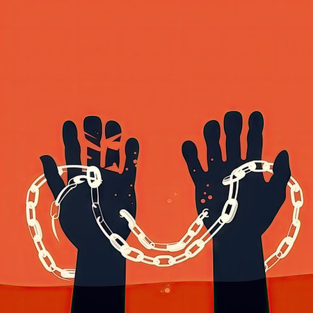Hands chained to each other on orange backgroundの素材