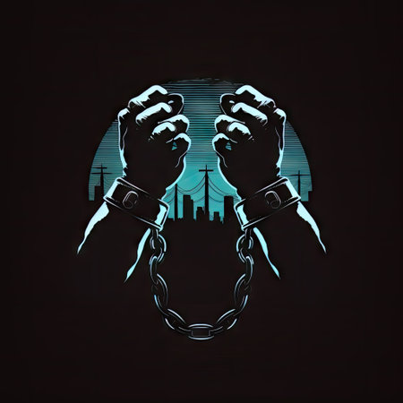 Hands in handcuffs on the background of the cityの素材