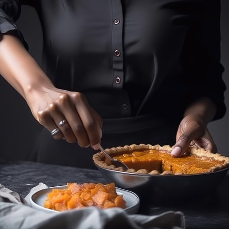 Hands of a woman in a black apron holding  dish with sweet potato pieの素材