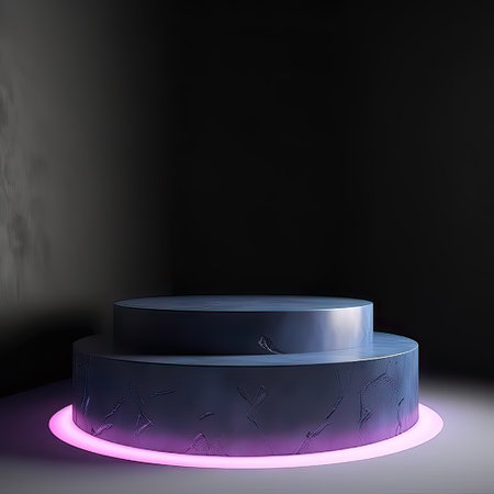 3d render of abstract geometric forms. Glossy black podium with neon lights in dark room.の素材
