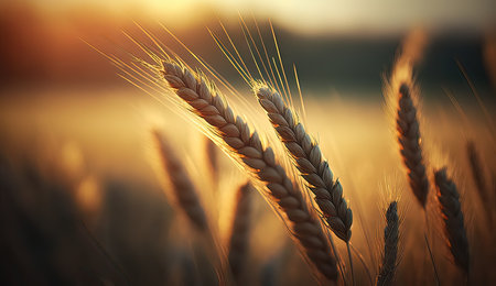 Ears of wheat on the field in the rays of the setting sunの素材