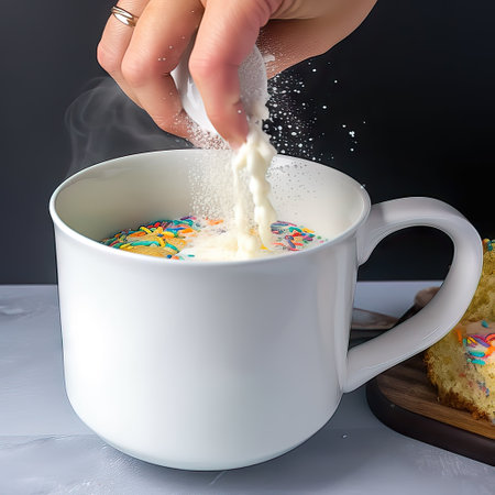AI generated illustration, mixing the cake mixture with milk into a mug to cook mug cakeの素材