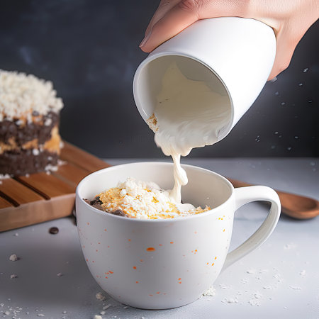 AI generated illustration, mixing the cake mixture with milk into a mug to cook mug cakeの素材