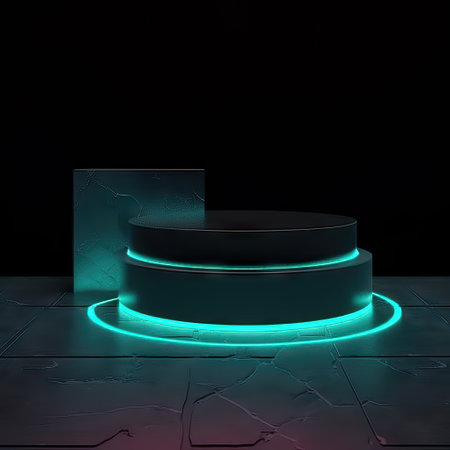 Neon podium on black background. 3D rendering. Neon lights.の素材