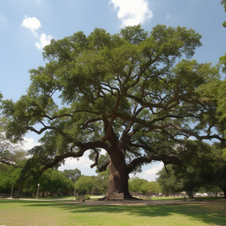 Big old oak tree in the park with blue sky and white cloudsの素材