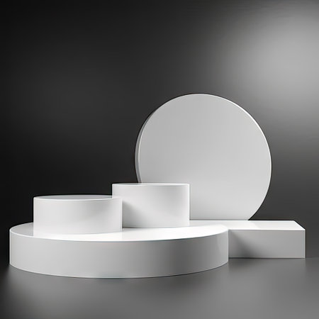 3d render of white podium for product presentation on dark background.の素材