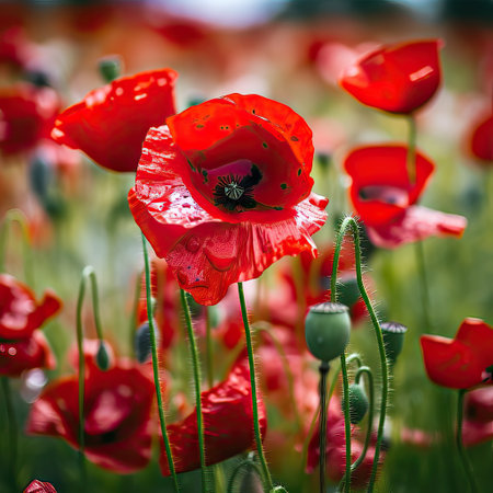 Field of red poppies with selective focus, shallow depth of fieldの素材