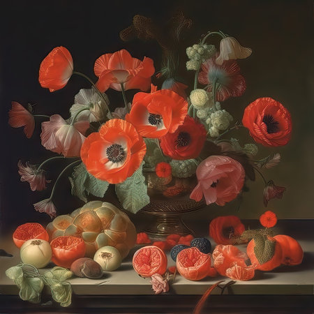 Still life with red poppies in a vase on a dark backgroundの素材