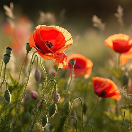 poppies on a meadow in the rays of the setting sunの素材